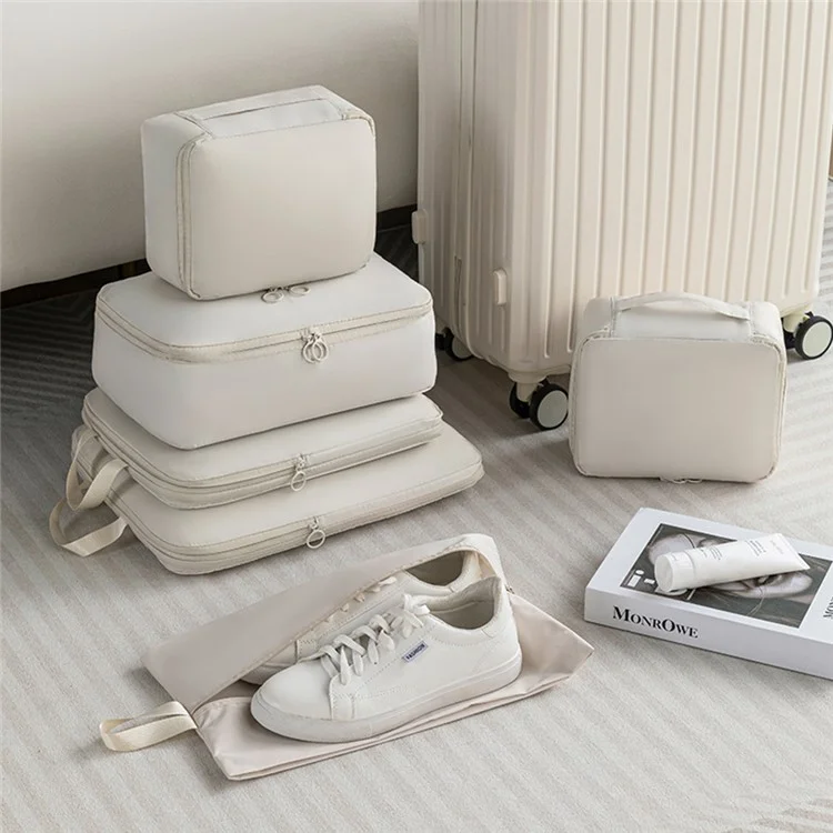 6Pcs / Set Travel Compression Packing Bags Memory Like Fabric Luggage Organizer Clothes Toiletries Storage Bags - Beige