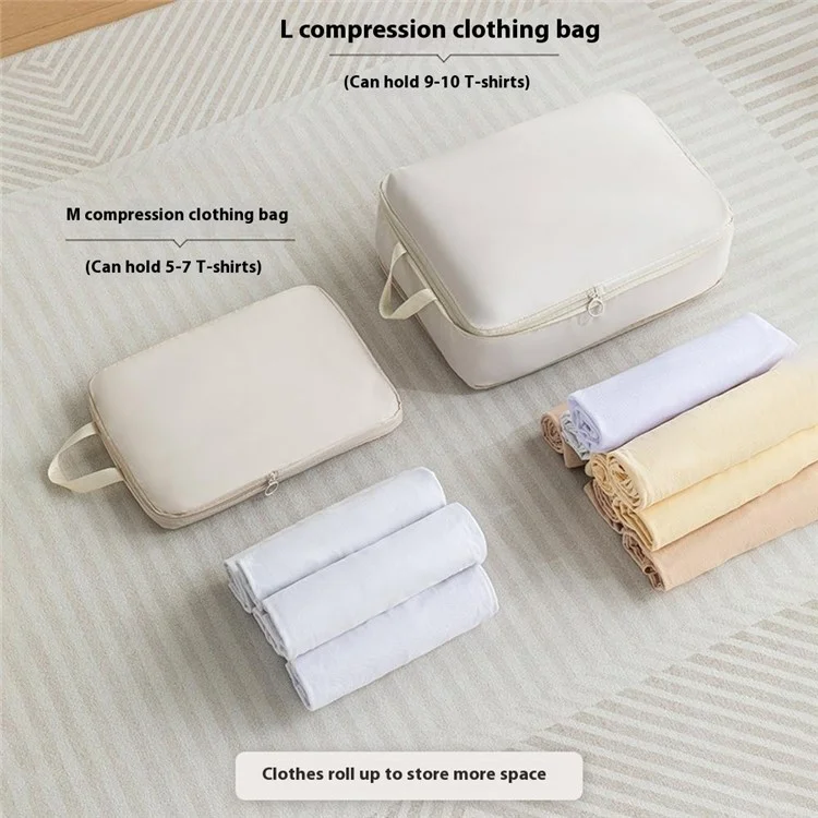 6Pcs / Set Travel Compression Packing Bags Memory Like Fabric Luggage Organizer Clothes Toiletries Storage Bags - Beige