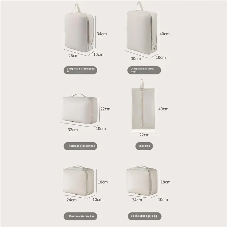 6Pcs / Set Travel Compression Packing Bags Memory Like Fabric Luggage Organizer Clothes Toiletries Storage Bags - Beige