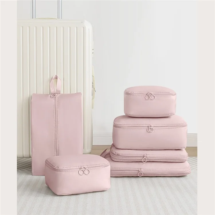 6Pcs / Set Travel Compression Packing Bags Memory Like Fabric Luggage Organizer Clothes Toiletries Storage Bags - Beige