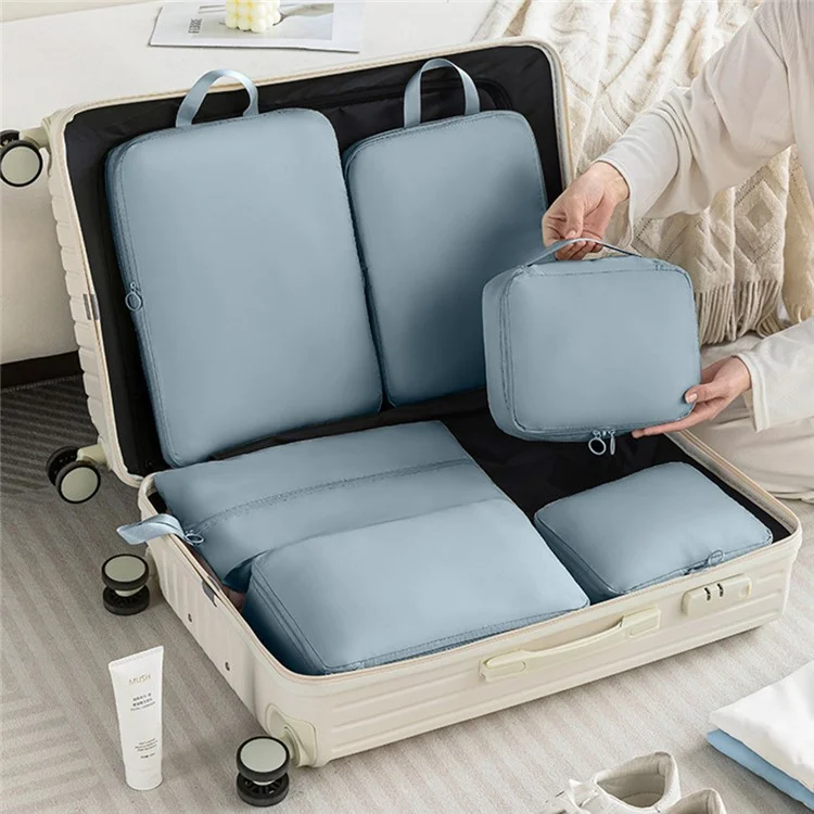 6Pcs / Set Travel Compression Packing Bags Memory Like Fabric Luggage Organizer Clothes Toiletries Storage Bags - Beige