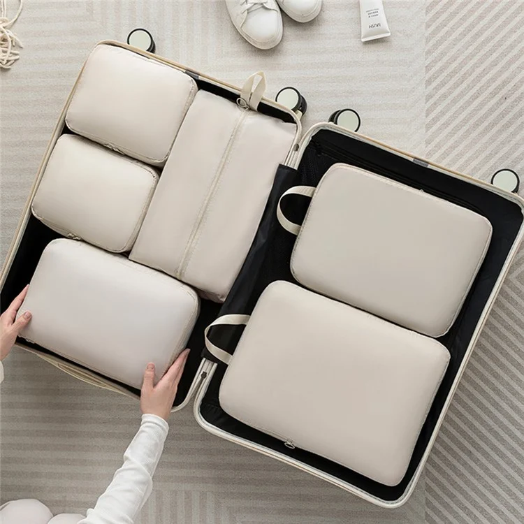 6Pcs / Set Travel Compression Packing Bags Memory Like Fabric Luggage Organizer Clothes Toiletries Storage Bags - Beige