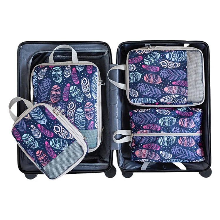 4Pcs Compression Packing Cubes Set Visible Mesh Clothes Storage Travel Luggage Organizer Bags - Feather
