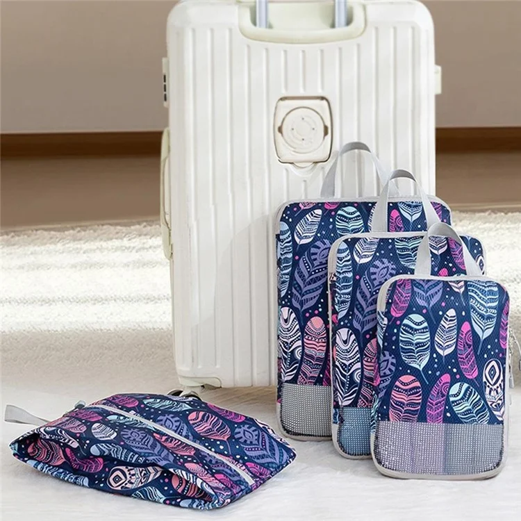 4Pcs Compression Packing Cubes Set Visible Mesh Clothes Storage Travel Luggage Organizer Bags - Feather