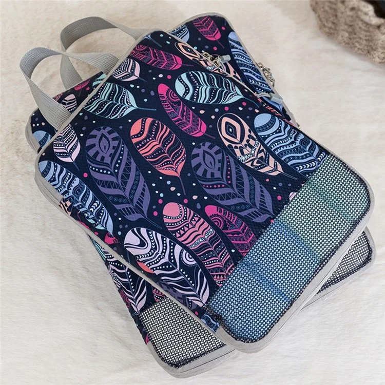4Pcs Compression Packing Cubes Set Visible Mesh Clothes Storage Travel Luggage Organizer Bags - Feather