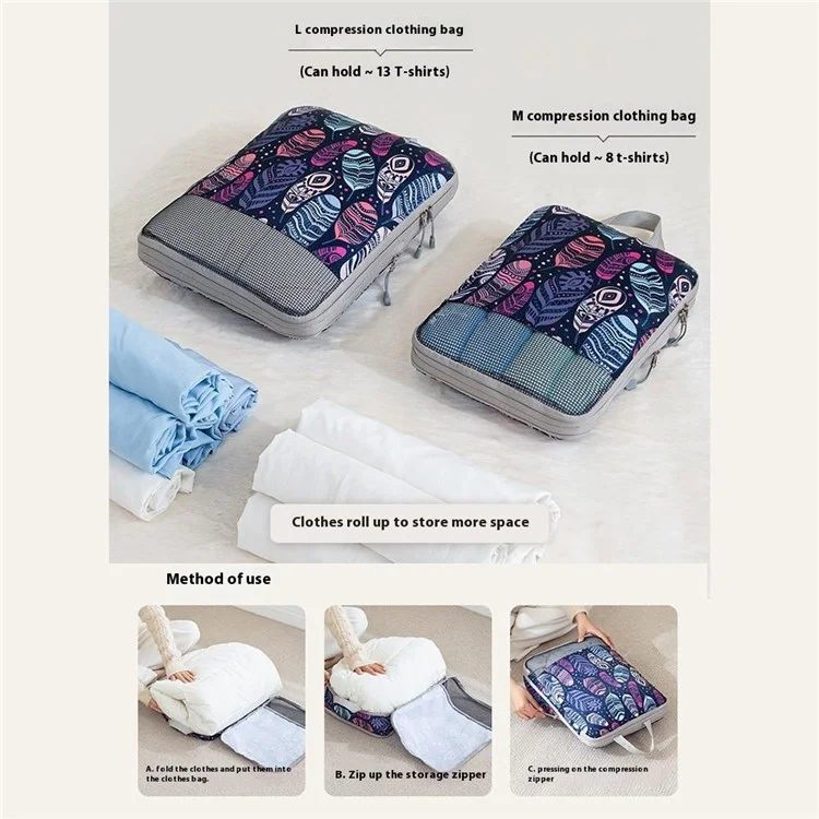 4Pcs Compression Packing Cubes Set Visible Mesh Clothes Storage Travel Luggage Organizer Bags - Feather