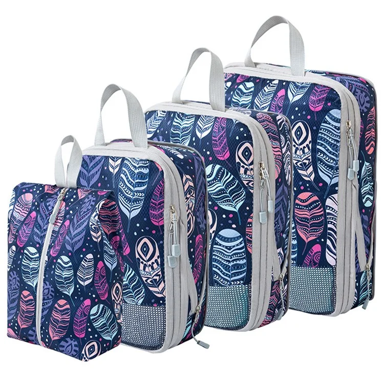 4Pcs Compression Packing Cubes Set Visible Mesh Clothes Storage Travel Luggage Organizer Bags - Feather