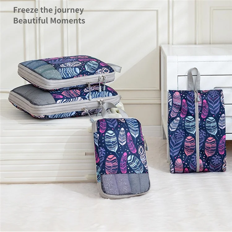4Pcs Compression Packing Cubes Set Visible Mesh Clothes Storage Travel Luggage Organizer Bags - Feather