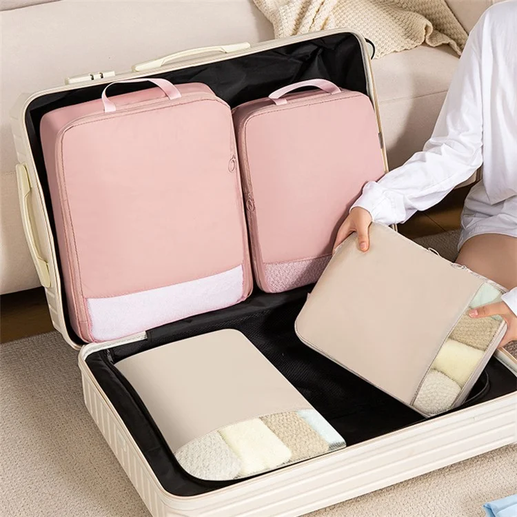 Travel Compression Packing Cube See Through Mesh Clothes Organizer Bag for Business Trip, Size M - Beige