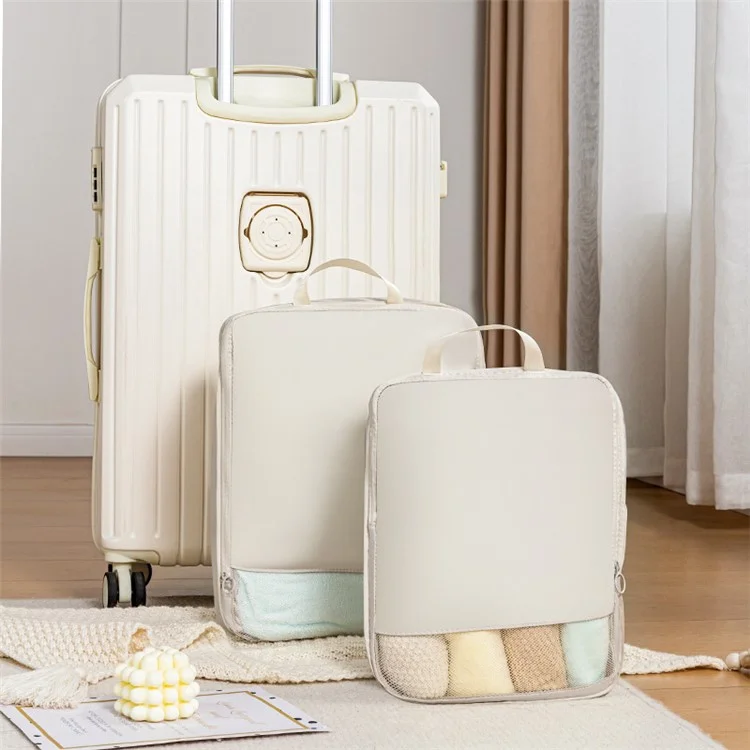 Travel Compression Packing Cube See Through Mesh Clothes Organizer Bag for Business Trip, Size M - Beige