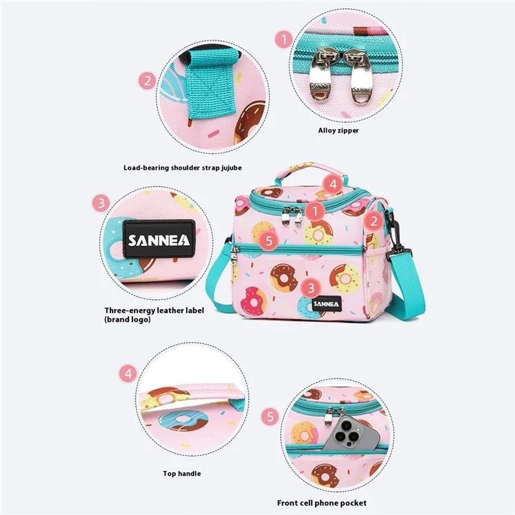 SANNE 23111 5L Insulated Lunch Bag Portable Cooler Tote Thermal Food Container for Students  /  Children - Pink Doughnut