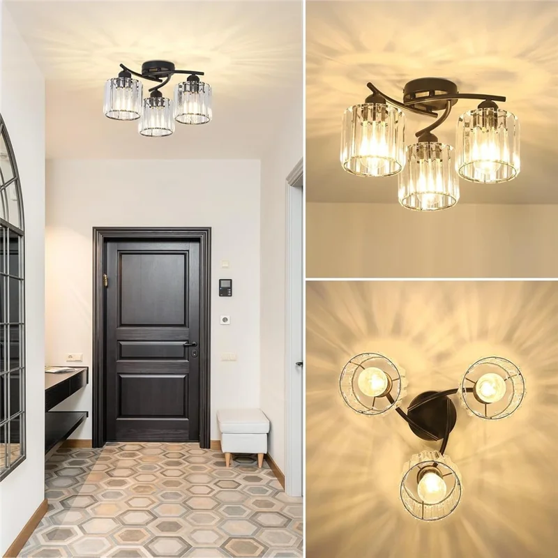 Lustre de Cristal com 3 Cabeças - Luminária Pendente Moderna com Luz Quente - Preto