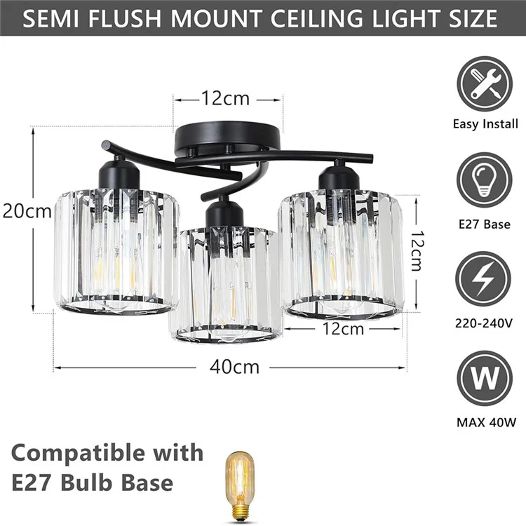 Lustre de Cristal com 3 Cabeças - Luminária Pendente Moderna com Luz Quente - Preto