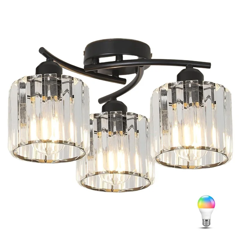 3 Heads Crystal Chandelier Modern Pendant Light Decorative Ceiling Lamp with RGB Light Bulb - Black