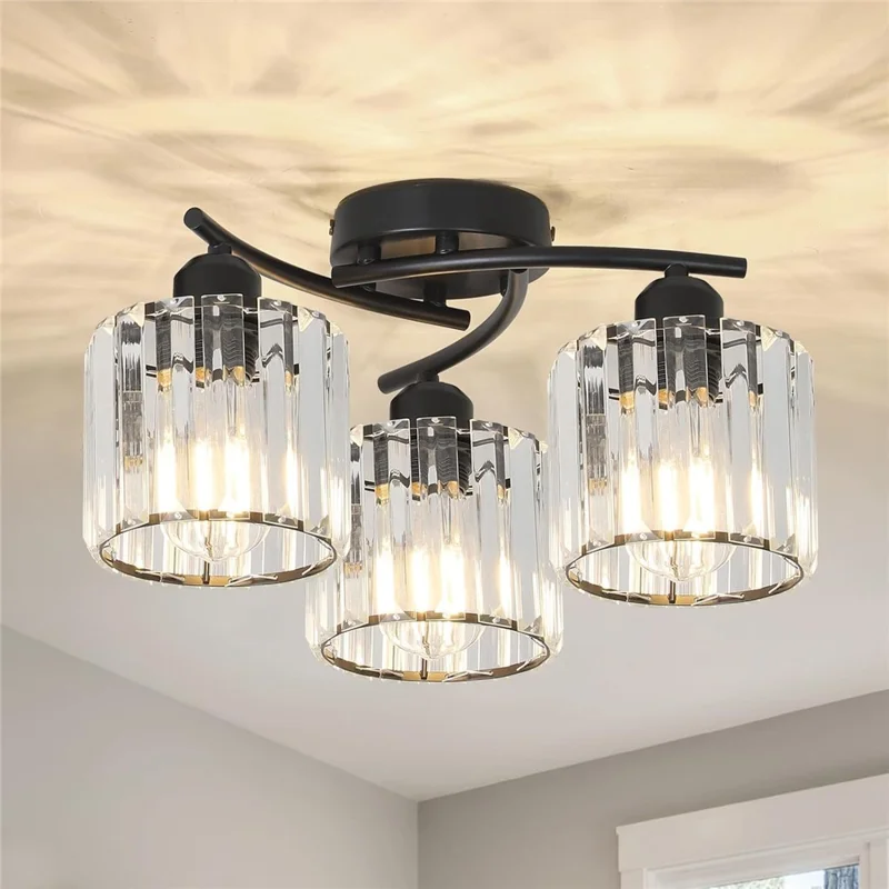 3 Heads Crystal Chandelier Modern Pendant Light Decorative Ceiling Lamp with RGB Light Bulb - Black