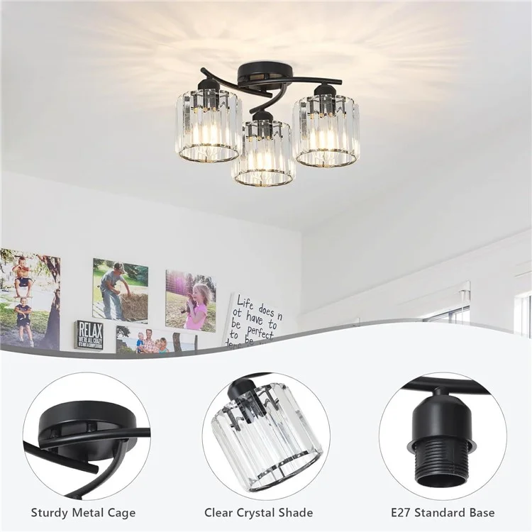 3 Heads Crystal Chandelier Modern Pendant Light Decorative Ceiling Lamp with RGB Light Bulb - Black