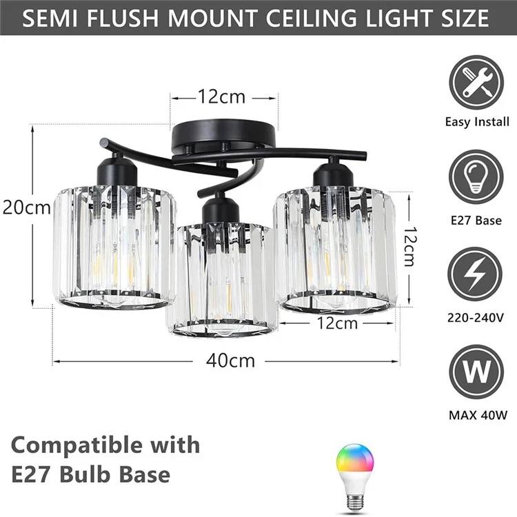 3 Heads Crystal Chandelier Modern Pendant Light Decorative Ceiling Lamp with RGB Light Bulb - Black