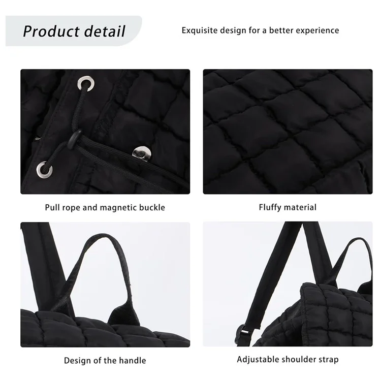 Mochila de plumón a cuadros para mujer, diseño arrugado, gran capacidad, ligera para viaje - Negro