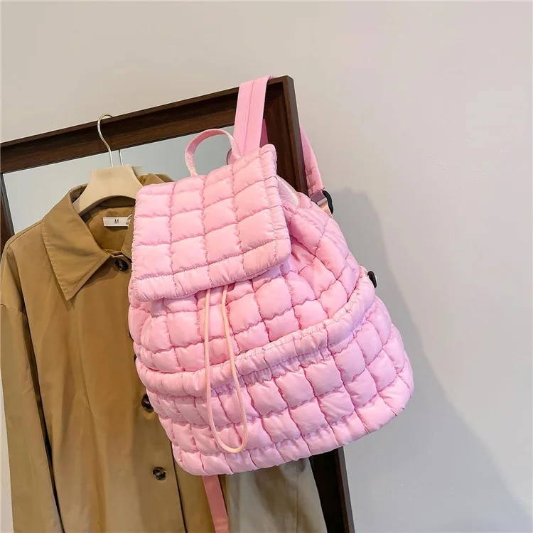 Mochila de plumón a cuadros para mujer, diseño arrugado, gran capacidad, ligera para viaje - Negro