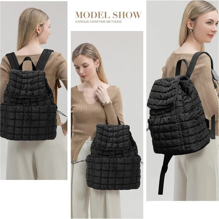 Mochila de plumón a cuadros para mujer, diseño arrugado, gran capacidad, ligera para viaje - Negro