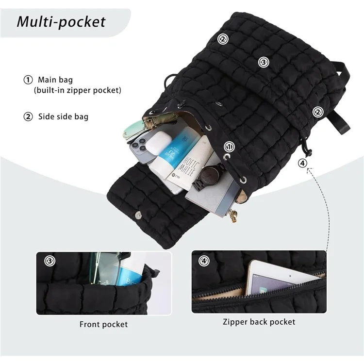 Mochila de plumón a cuadros para mujer, diseño arrugado, gran capacidad, ligera para viaje - Negro