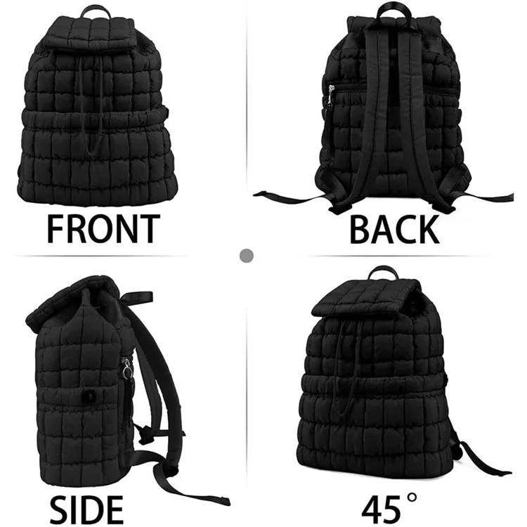 Mochila de plumón a cuadros para mujer, diseño arrugado, gran capacidad, ligera para viaje - Negro