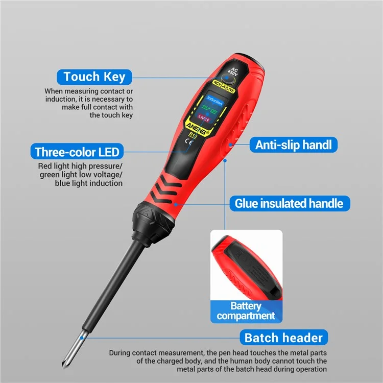 ANENG B18 High Torque Voltage Tester Pen Live / Neutral Wire Detection Continuity Test NCV Light Indication - Red / Phillips Head
