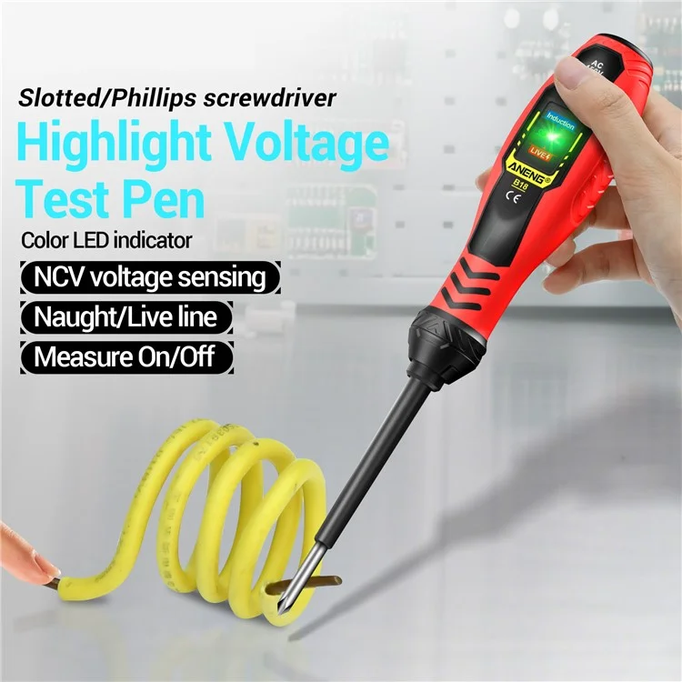 ANENG B18 High Torque Voltage Tester Pen Live / Neutral Wire Detection Continuity Test NCV Light Indication - Red / Phillips Head