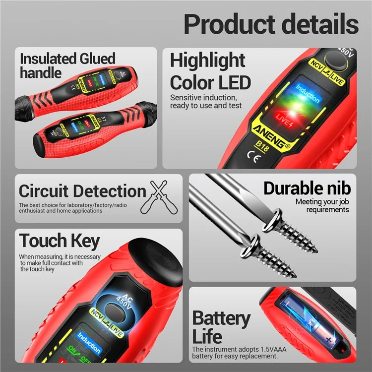 ANENG B18 High Torque Voltage Tester Pen Live / Neutral Wire Detection Continuity Test NCV Light Indication - Red / Phillips Head