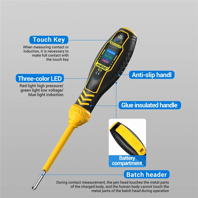 ANENG B18 High Torque Voltage Tester Pen Live / Neutral Wire Detection Continuity Test NCV Light Indication - Yellow / Phillips Head