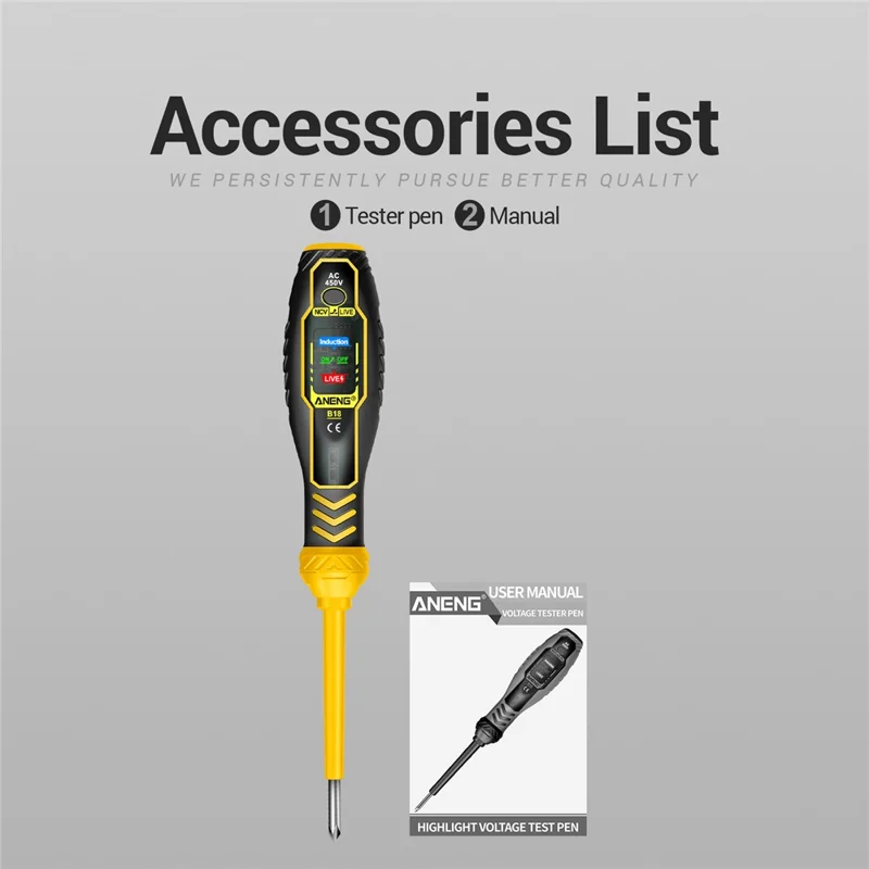 ANENG B18 High Torque Voltage Tester Pen Live / Neutral Wire Detection Continuity Test NCV Light Indication - Yellow / Phillips Head