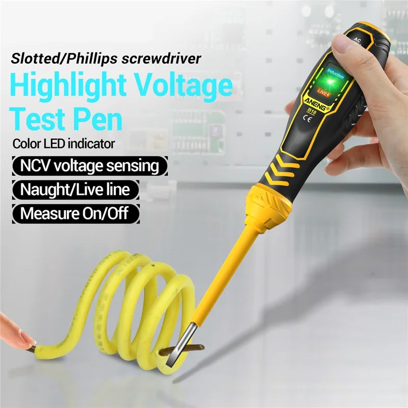 ANENG B18 High Torque Voltage Tester Pen Live / Neutral Wire Detection Continuity Test NCV Light Indication - Yellow / Phillips Head