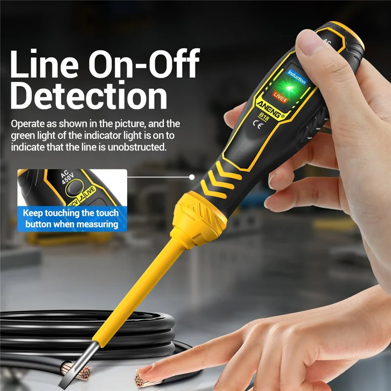 ANENG B18 High Torque Voltage Tester Pen Live / Neutral Wire Detection Continuity Test NCV Light Indication - Yellow / Phillips Head