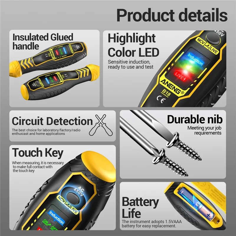 ANENG B18 High Torque Voltage Tester Pen Live / Neutral Wire Detection Continuity Test NCV Light Indication - Yellow / Phillips Head