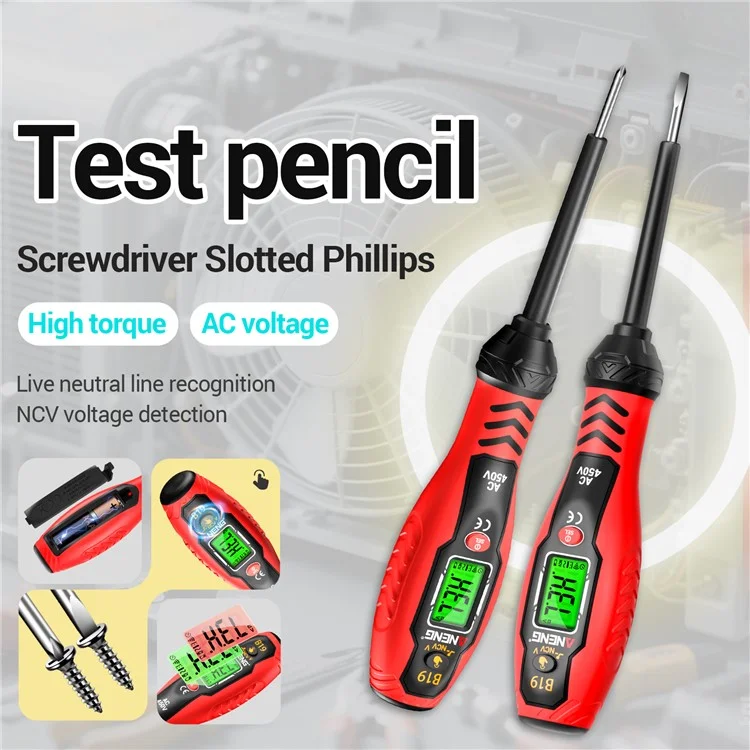 ANENG B19 Testador Digital de Tensão NCV com Desligamento Automático, Alta Torção, Detector de AC Sem Contato / Com Contato - Vermelho / Chave Phillips