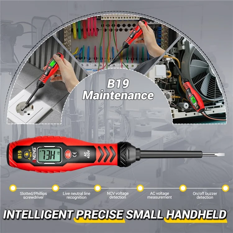 ANENG B19 Testador Digital de Tensão NCV com Desligamento Automático, Alta Torção, Detector de AC Sem Contato / Com Contato - Vermelho / Chave Phillips