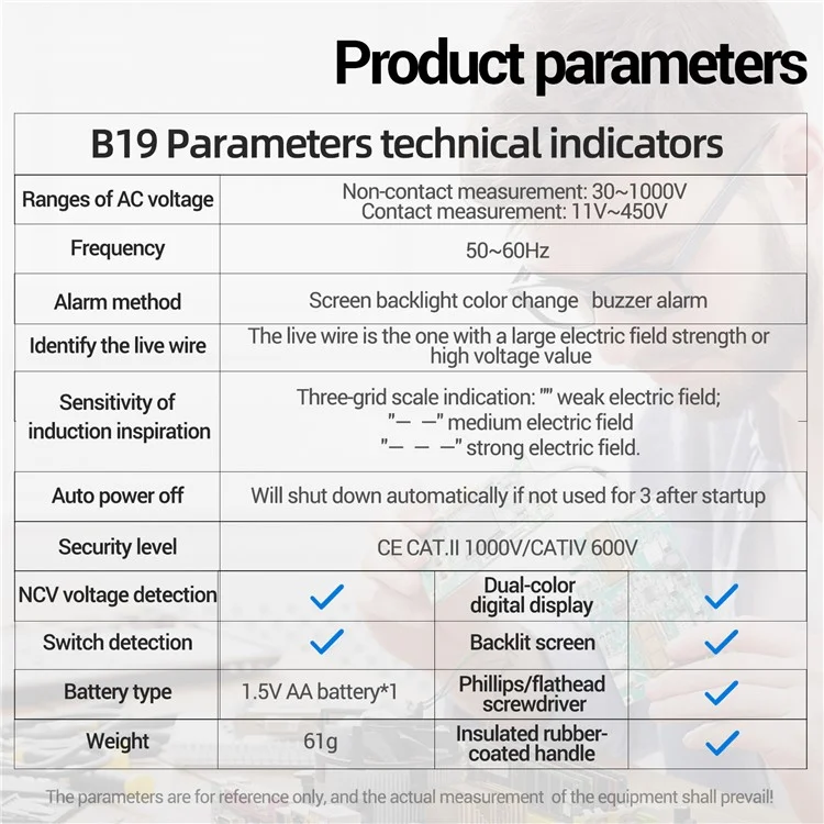 ANENG B19 Testador Digital de Tensão NCV com Desligamento Automático, Alta Torção, Detector de AC Sem Contato / Com Contato - Vermelho / Chave Phillips