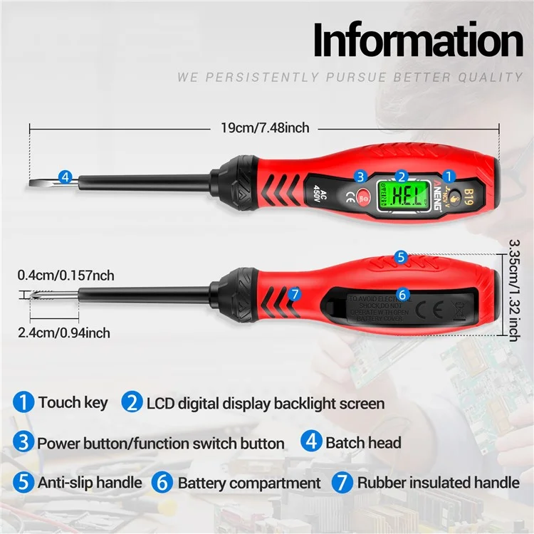 ANENG B19 Testador Digital de Tensão NCV com Desligamento Automático, Alta Torção, Detector de AC Sem Contato / Com Contato - Vermelho / Chave Phillips