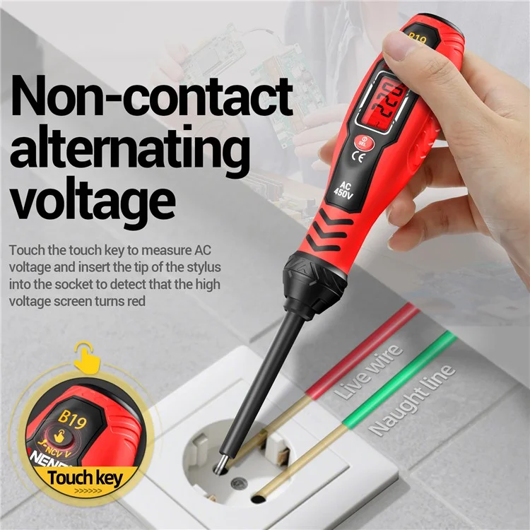 ANENG B19 Testador Digital de Tensão NCV com Desligamento Automático, Alta Torção, Detector de AC Sem Contato / Com Contato - Vermelho / Chave Phillips