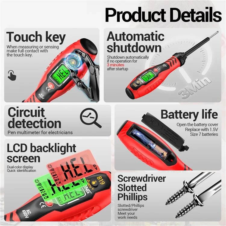 ANENG B19 Testador Digital de Tensão NCV com Desligamento Automático, Alta Torção, Detector de AC Sem Contato / Com Contato - Vermelho / Chave Phillips