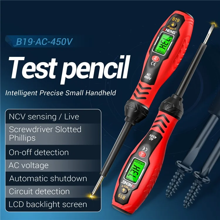 ANENG B19 Цифровой NCV тестер напряжения с автоотключением и высоким крутящим моментом, бесконтактный / контактный детектор переменного тока - Красный / с прорезью