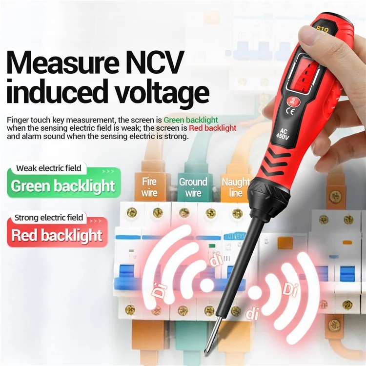 ANENG B19 Цифровой NCV тестер напряжения с автоотключением и высоким крутящим моментом, бесконтактный / контактный детектор переменного тока - Красный / с прорезью