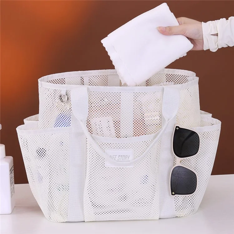 9017 Mesh Beach Bag Outdoor Swimming Toiletries Storage Tote Portable Cosmetic Handbag - Beige