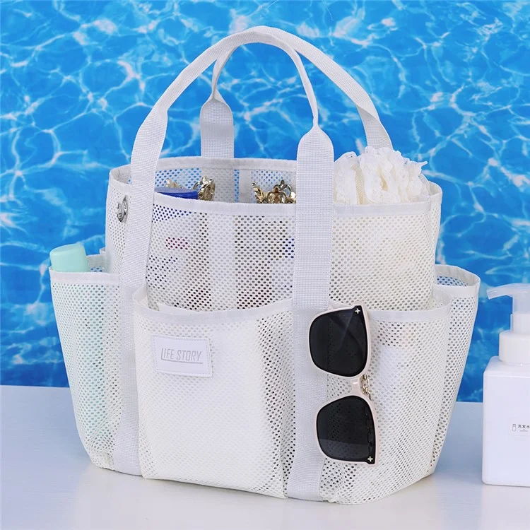 9017 Mesh Beach Bag Outdoor Swimming Toiletries Storage Tote Portable Cosmetic Handbag - Beige