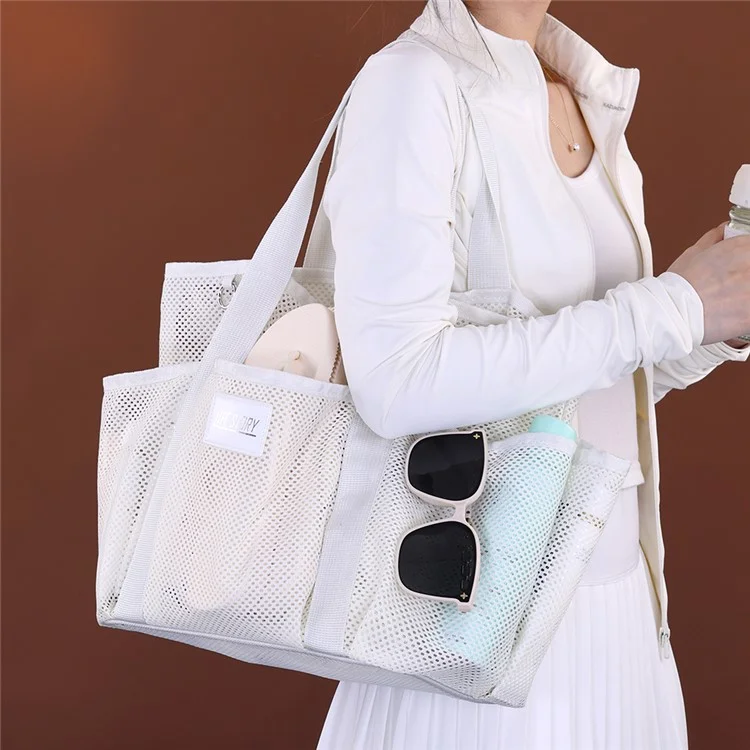 9017 Mesh Beach Bag Outdoor Swimming Toiletries Storage Tote Portable Cosmetic Handbag - Beige