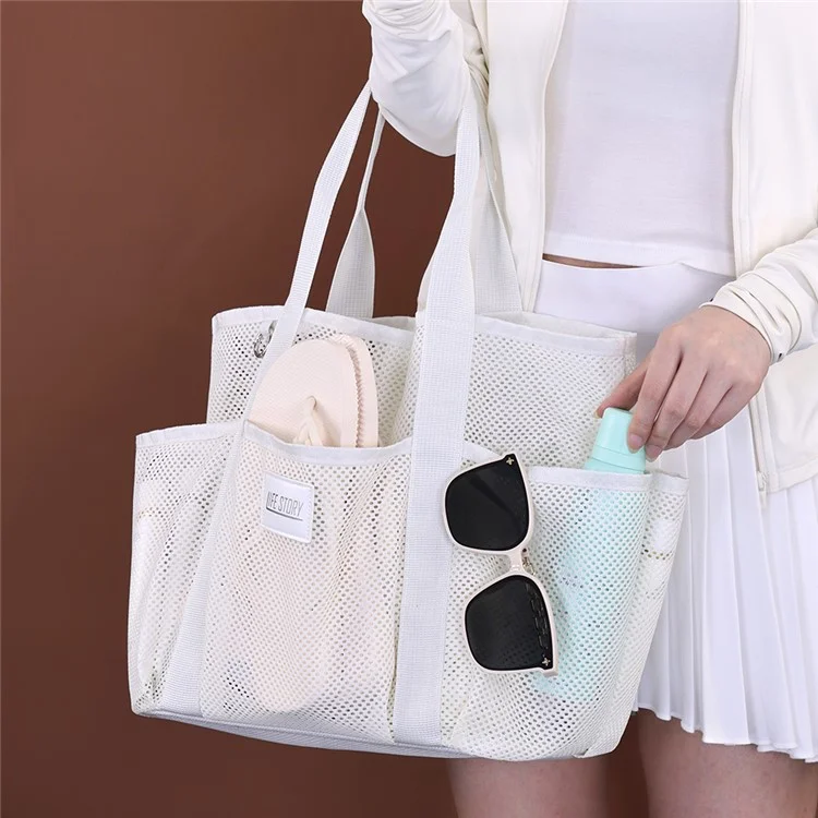 9017 Mesh Beach Bag Outdoor Swimming Toiletries Storage Tote Portable Cosmetic Handbag - Beige