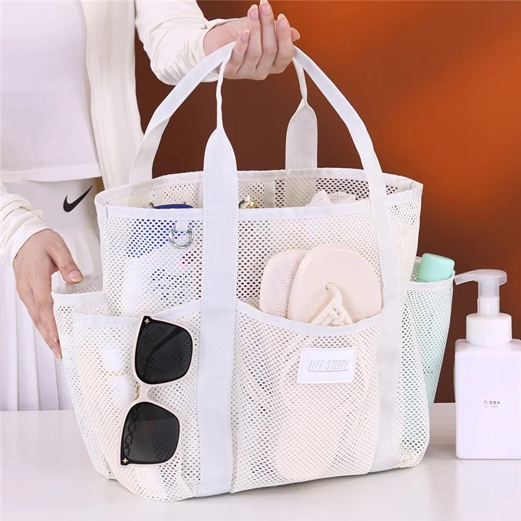 9017 Mesh Beach Bag Outdoor Swimming Toiletries Storage Tote Portable Cosmetic Handbag - Beige