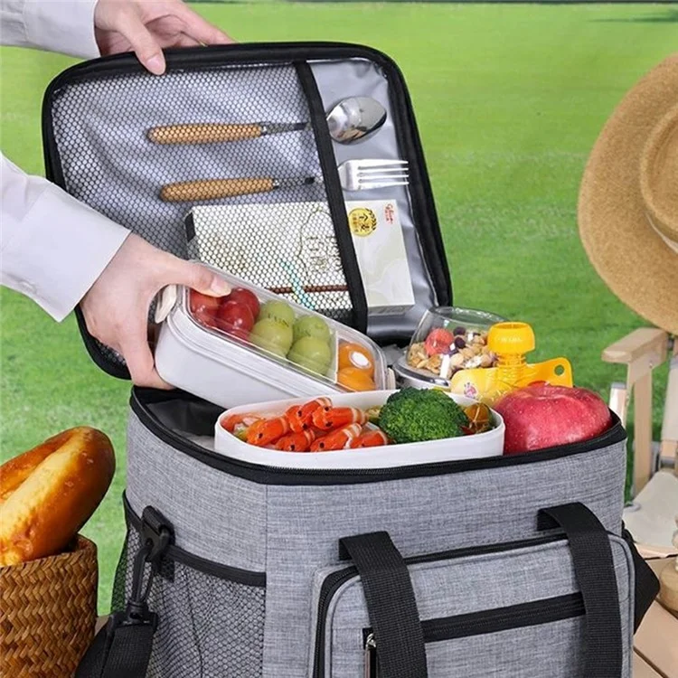 7035 Portable Picnic Tote Insulated Bag Oxford Fabric Large Capacity Outdoor Camping Lunch Box - Grey