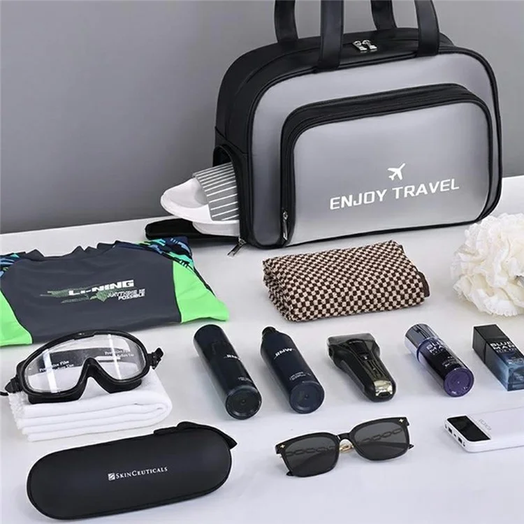 9015 PU Leather+PVC Dual Layer Travel Fitness Swimming Gym Bag Waterproof Toiletry Bag with Shoe Compartment - Black