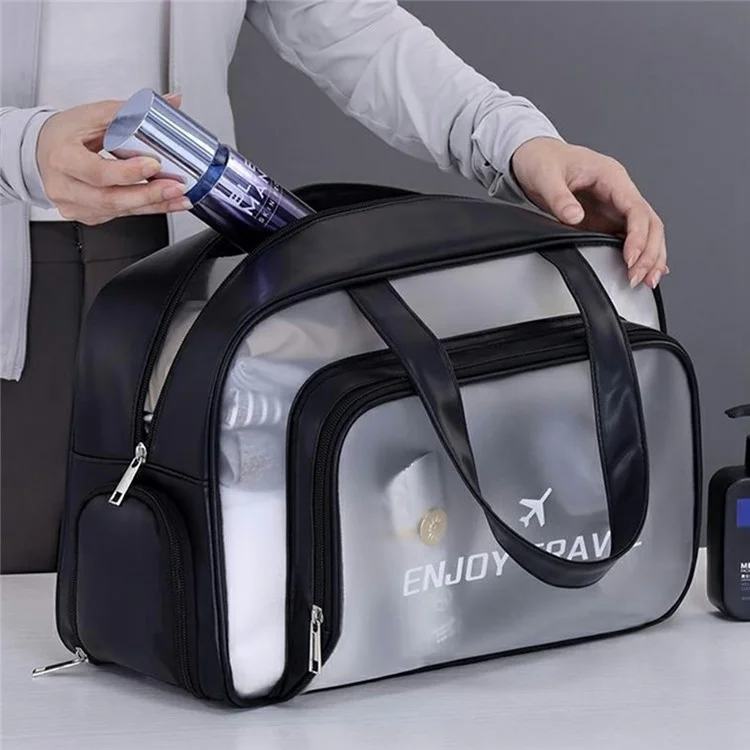 9015 PU Leather+PVC Dual Layer Travel Fitness Swimming Gym Bag Waterproof Toiletry Bag with Shoe Compartment - Black